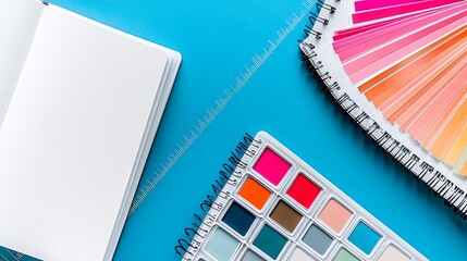 Flat lay with blank notebook, color palette swatches, and paint samples on blue background.