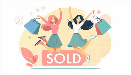 Obraz premium Two women celebrating a purchase with a 
