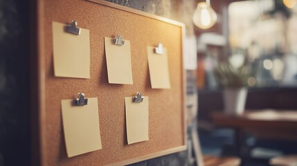 Cork board with blank notes in a cozy café ambiance