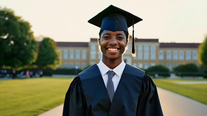 Male graduate wearing a cap and gown at a graduation ceremony, smiling proudly