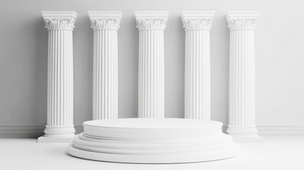 Obraz premium A simple, white 3D podium with tall pillars in the background. This design is perfect for showcasing products or creating a stylish display for fashion.