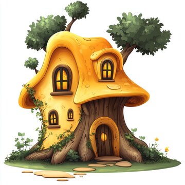 recommend clip art: Fantasy Treehouse Illustration - Yellow Mushroom House with Windows and a Door