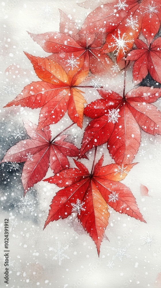 Wall mural Snow kissed Leaves, Snowflakes