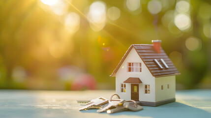 House Key and Model Against a Sunlit Background for Real Estate Investment
