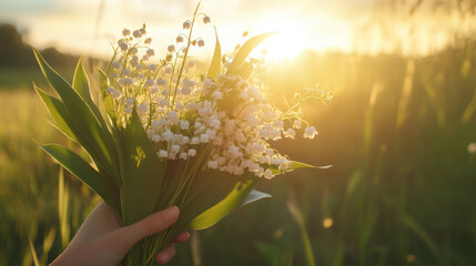 Lily of the Valley bouquet being carefully held by a person in a sunlit field
