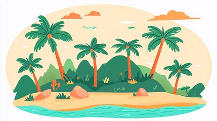 Obraz premium Illustration of a tropical island with palm trees, a beach, and mountains in the background.