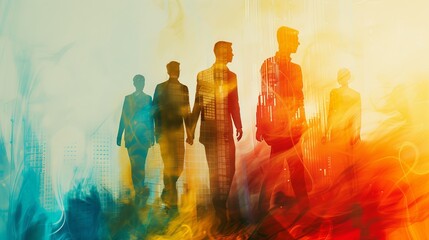 Universal business website header with silhouetted professionals and double exposure of economic growth graph and financial data chart, perfect for corporate branding and digital presentations