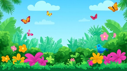 Obraz premium Lush tropical jungle landscape with flowers, butterflies and a bird, blue sky with clouds.