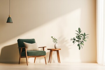 A calm, minimalist living room featuring a dark green armchair with matching pillows