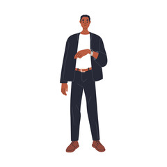 Black man looking time at wristwatch. Male employee, office worker with watches on hand. Modern entrepreneur, business professional standing. Flat vector illustration isolated on white background
