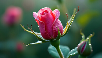 Closeup of a beautiful pink rose with morning dew