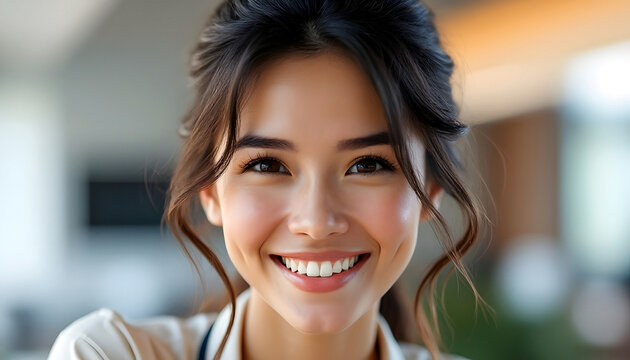 Closeup portrait of a pretty and happy brunette girl smiling exhuming confidence