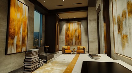 Modern minimalist living room with large windows, a stack of books, and two armchairs in the background.