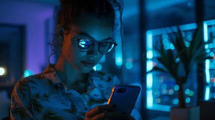 Happy woman using smartphone in dark office with tech overlay and 3D hologram for finance research, data analytics, or cybersecurity work