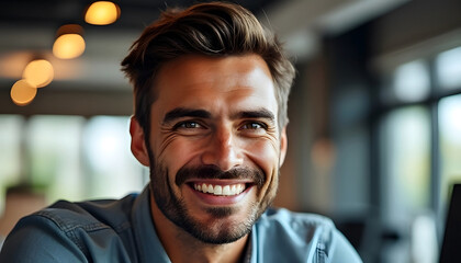 Obraz premium Handsome and confident male smiling while sitting at his desk at his office job