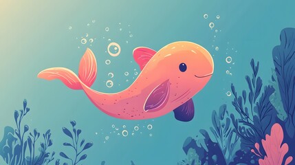 Naklejka premium A Pink Whale Swimming in a Blue Ocean with Bubbles and Coral Reefs
