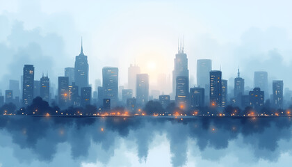 Fototapeta premium City skyline at sunrise reflecting on water with soft colors and foggy atmosphere