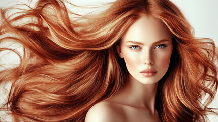 Obraz premium Modell con capelli lunghi e vibranti, con un'acconciatura sana e lucente. Ritratto di moda di una bellissima modella in un ambiente da studio. Pubblicità parrucchiere.