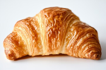 A classic golden-brown croissant with a flaky texture, slightly angled on a white background