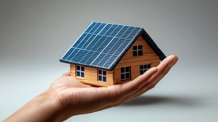 A hand holds a miniature wooden house with solar panels on the roof against a gray background.