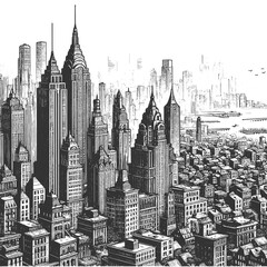 Naklejka premium cityscape, tall skyscrapers, historic buildings, waterfront boats, modern and classic architecture sketch engraving generative ai vector illustration. Scratch board imitation. Black and white image.