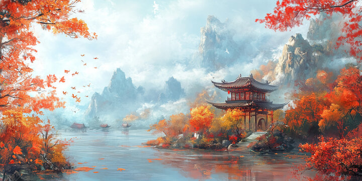 Sfondo con panorama cinese. Pagoda. Illustrazione con colori pastello.