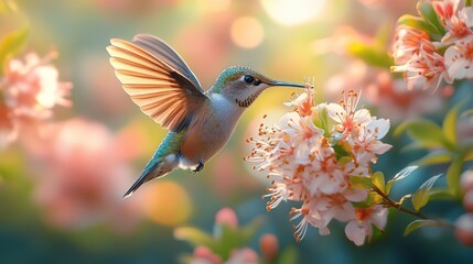 Fototapeta premium A hummingbird hovering near pink flowers in a vibrant, softly blurred garden setting.