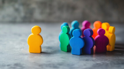 A lone yellow figure stands apart from a group of colorful figures, symbolizing the importance of psychological health and community support, copy space