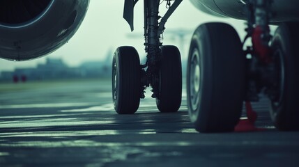 Airplane on runway, close-up of airplane wheels touching the ground.