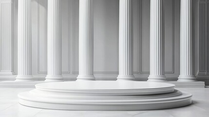 A simple, white 3D podium with tall pillars in the background.  This design is perfect for showcasing products or creating a stylish display for fashion.