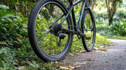 Fototapeta premium Bicycle in park, close-up of bike wheels on a park path.