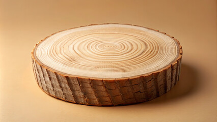 A round wooden slice features clear growth rings, showcasing natural wood patterns and textures against a smooth beige surface, ideal for decorative or crafting purposes
