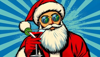 pop art santa holding a cocktail close-up background of light and dark blue rays