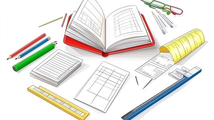 Open notebook with various office supplies on a white background.