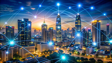 Naklejka premium This skyline features towering skyscrapers illuminated by the sunset, with digital connections symbolizing technology and networking among urban buildings