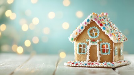 A gingerbread house features vibrant icing decorations and sprinkles, radiating warmth and cheer during the holiday season