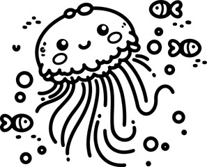 Cartoon jellyfish, hand-drawn in line art style. Vector illustration, isolated and perfect for kid's designs, playful projects, and underwater-themed creations.