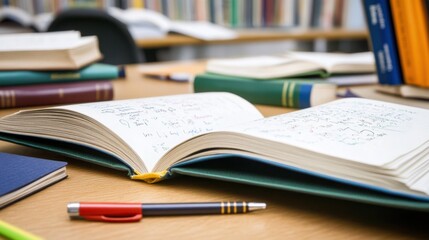 Naklejka premium Books on desk, close-up of open books with notes and pens, bright classroom setting