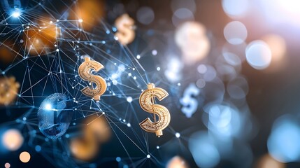 of an abstract global financial network with flowing currency symbols and digital technology elements  Conceptual image representing the interconnected world of finance banking