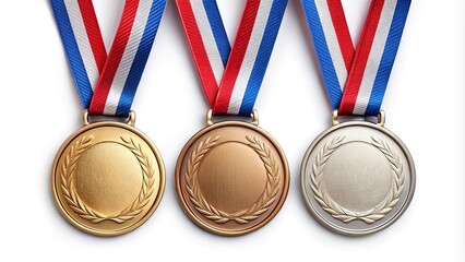Three Olympic medals on white background isolated symmetrical
