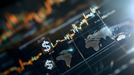 Captivating abstract depicting a complex global financial network with various currency symbols representing the interconnected nature of the modern economy and digital financial systems
