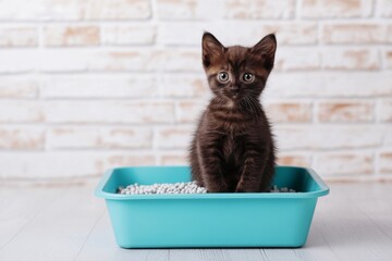 Adorable grey little kitten sitting inside a litter box. Pet care. Domestic Cat looking at litterbox in a living room. Hygiene for pets. Feline wants to go to the toilet. Accustoming kittens to toilet