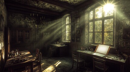 Sunbeams illuminate a dusty antique room with two desks, chairs, and framed artwork.