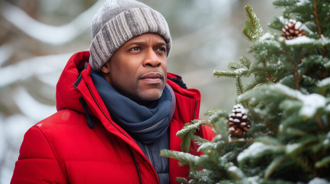 A middle-aged African American man dressed warmly in a red coat and scarf stands in a snowy landscape, thoughtfully admiring a pine tree covered in snow, copy space