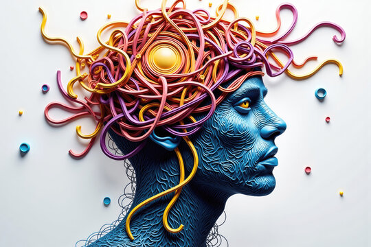 Blue man experiencing a flow state with colorful thoughts exploding from head