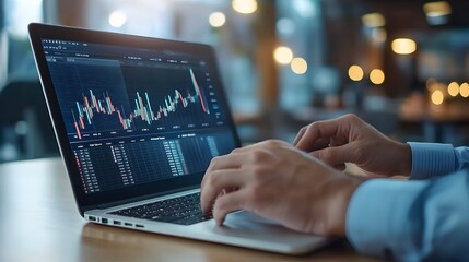 A laptop displaying various financial charts graphs and analytical data visualizations in a modern professional office environment  The image represents the analysis reporting