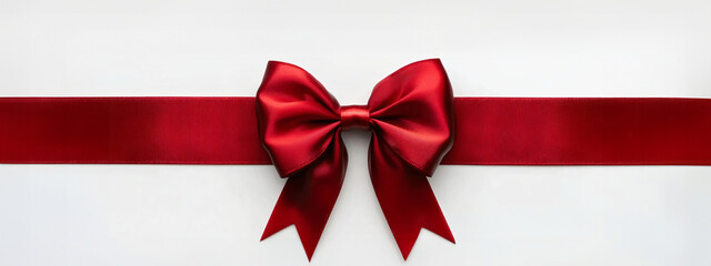 Decorative shiny atlas red ribbon with bow isolated on white background. Red band satin strip for Valentine's, birthday gift. Wrapping for Christmas party, Father's, Women's day gift. Black friday.