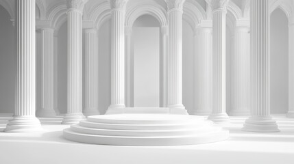 Obraz premium A simple, white 3D podium with tall pillars in the background. This design is perfect for showcasing products or creating a stylish display for fashion.