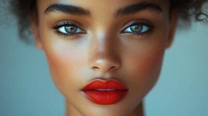 Close-up portrait of a young woman with bright red lipstick and beautiful green eyes.