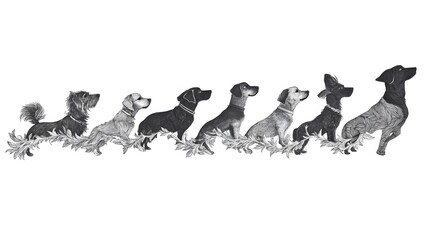 Seven Dogs Sitting in a Row on a Floral Background